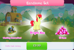 Size: 1271x858 | Tagged: safe, gameloft, bright mac, earth pony, pony, g4, my little pony: magic princess, official, apple, apple tree, barrel, bundle, bush, candle, costs real money, cowboy hat, english, food, gem, handsome set, hat, hay bale, implied big macintosh, male, mobile game, numbers, pear, pear tree, sale, solo, stallion, text, tree, unshorn fetlocks