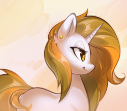 Size: 2646x2305 | Tagged: safe, artist:mirroredsea, oc, oc only, oc:aurora shinespark, pony, unicorn, ear piercing, earring, female, high res, horn, jewelry, mare, piercing, side view, simple background, smiling, smirk, solo, unicorn oc