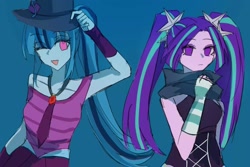 Size: 1800x1200 | Tagged: safe, artist:yarderrr0, aria blaze, sonata dusk, human, equestria girls, g4, blue background, clothes, dress, duo, evening gloves, fedora, female, fingerless elbow gloves, fingerless gloves, gloves, hat, long gloves, necktie, one eye closed, open mouth, scarf, simple background, skirt, wink