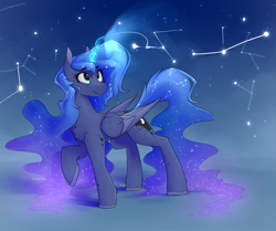Size: 5320x4456 | Tagged: safe, artist:renderpoint, princess luna, alicorn, pony, g4, absurd resolution, blue eyes, blue mane, blue tail, coat markings, colored wings, concave belly, constellation, constellation hair, cute, dappled, digital art, ethereal mane, ethereal tail, female, flowing mane, folded wings, freckles, glowing, glowing horn, hair physics, happy, hooves, horn, long mane, long tail, looking up, magic, mane physics, mare, night, raised hoof, slender, smiling, solo, standing, starry mane, starry tail, stars, tail, tail physics, thin, turned head, two toned wings, walking, wings