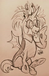 Size: 2601x3988 | Tagged: safe, artist:dsstoner, oc, oc only, changeling, insect, changeling oc, clothes, glasses, high res, piercing, ponysona, solo, traditional art