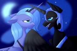 Size: 1095x730 | Tagged: safe, artist:citrus-flamingo, nightmare moon, princess luna, alicorn, pony, g4, blue eyes, crescent moon, digital art, duo, duo female, fangs, feather, female, helmet, horn, lidded eyes, looking at each other, looking at someone, mare, moon, night, open mouth, peytral, redraw, smiling, spread wings, stars, teeth, wings