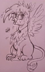 Size: 2560x4042 | Tagged: safe, artist:dsstoner, oc, oc only, griffon, clothes, glasses, griffon oc, piercing, ponysona, solo, species swap, spread wings, traditional art, wings