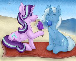 Size: 1280x1024 | Tagged: safe, artist:lil_vampirecj, starlight glimmer, trixie, pony, unicorn, g4, :3, beach, beach towel, commission, cute, duo, female, food, ice cream, mare, popsicle, summer, ych result