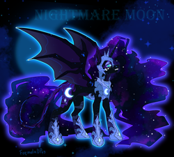 Size: 4000x3600 | Tagged: safe, artist:formula1dp, nightmare moon, alicorn, pony, g4, bat wings, blue eyes, blue mane, blue tail, digital art, ethereal mane, ethereal tail, eyeshadow, fangs, female, flowing mane, flowing tail, glowing, helmet, high res, hoof shoes, horn, leonine tail, lidded eyes, looking at you, makeup, mare, night, peytral, smiling, smiling at you, solo, sparkles, speedpaint, spread wings, starry mane, starry tail, stars, tail, wings