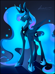 Size: 2048x2732 | Tagged: safe, artist:anekomori, princess luna, alicorn, pony, g4, blue background, blue eyes, blue mane, crown, curved horn, digital art, ethereal mane, ethereal tail, eyelashes, feather, female, flowing mane, flowing tail, folded wings, glowing, glowing eyes, happy, high res, hoof shoes, horn, jewelry, large wings, mare, night, peytral, princess shoes, regalia, signature, simple background, slender, smiling, solo, starry mane, starry tail, tail, thin, wings