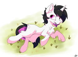 Size: 3000x2200 | Tagged: safe, artist:starmaster, oc, oc only, oc:shining silverdiamond, pony, unicorn, happy, heterochromia, high res, lying down, simple background, solo