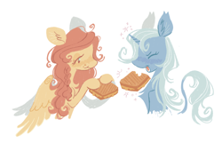 Size: 1382x891 | Tagged: safe, artist:webkinzworldz, fluttershy, trixie, pegasus, pony, unicorn, g4, alternate hairstyle, braid, cheese, chewing, crumbs, duo, eating, eyes closed, eyes open, female, food, grilled cheese, leonine tail, lesbian, levitation, magic, mare, open mouth, shipping, simple background, tail, telekinesis, trixieshy, white background