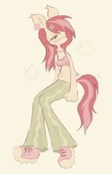 Size: 1287x2000 | Tagged: safe, artist:webkinzworldz, roseluck, earth pony, pony, anthro, plantigrade anthro, g4, arm fluff, belly fluff, blushing, bra, clothes, converse, ear fluff, ear tufts, elbow fluff, eyeshadow, female, flower, flower on ear, green eyes, hairclip, jewelry, lidded eyes, makeup, necklace, pants, shoes, simple background, sitting, solo, underwear, yellow background