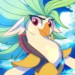 Size: 2268x2248 | Tagged: safe, artist:zidanemina, captain celaeno, avian, bird, ornithian, anthro, g4, armor, blue sky, bust, cloud, ear piercing, earring, high res, jewelry, piercing, pirate, portrait, smiling, solo