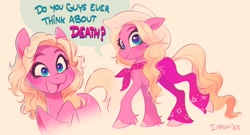 Size: 2957x1593 | Tagged: safe, artist:imalou, earth pony, pony, barbie, barbie (film), clothes, concave belly, cowboy hat, eyebrows, eyebrows visible through hair, hat, hoof fluff, long tail, ponified, slender, smiling, solo, speech bubble, standing, tail, thin, unshorn fetlocks