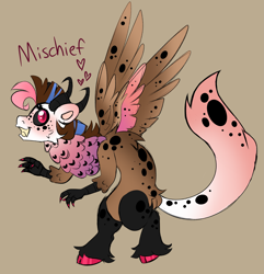 Size: 5407x5613 | Tagged: safe, artist:crazysketch101, oc, oc only, oc:mischief, draconequus, body freckles, body markings, butt fluff, cheek fluff, cloven hooves, coat markings, colored hooves, colored horn, colored wings, dappled, dark sclera, draconequus oc, facial markings, fangs, freckles, gradient tail, grin, heart, hoof polish, horn, horns, looking at you, magenta eyes, multicolored wings, nail polish, neck feathers, simple background, slit pupils, smiling, solo, tail, talons, tan background, unshorn fetlocks, wings