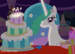 Size: 1080x767 | Tagged: safe, artist:thesunalicorn, princess celestia, alicorn, pony, g4, birthday, birthday cake, bowl, cake, cakelestia, candle, candy, ethereal mane, female, fire, flower, flower in hair, food, jewelry, mare, necklace, party horn, present, show accurate, signature, solo