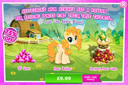 Size: 1958x1300 | Tagged: safe, gameloft, pear butter, earth pony, pony, g4, my little pony: magic princess, official, advertisement, apple, cake, costs real money, cute, english, female, flower, flower in hair, food, gem, implied apple bloom, implied applejack, introduction card, mare, mobile game, mountain, mountain range, numbers, pear, pearabetes, sale, solo, text