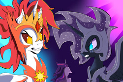 Size: 1095x730 | Tagged: safe, artist:crisrrana75, daybreaker, nightmare moon, twilight sparkle, alicorn, pony, a royal problem, g4, antagonist, armor, blue eyes, blue mane, digital art, ethereal mane, fangs, feather, female, flowing mane, folded wings, gem, gradient background, helmet, hoof shoes, horn, looking at each other, looking at someone, mane of fire, mare, orange eyes, peytral, redraw, spread wings, starry mane, teeth, twilight sparkle (alicorn), villainess, wing armor, wings