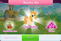 Size: 1267x858 | Tagged: safe, gameloft, pear butter, earth pony, pony, g4, my little pony: magic princess, official, apple, beauty set, bundle, cake, costs real money, english, female, flower, flower in hair, food, gem, implied apple bloom, implied applejack, mare, mobile game, mountain, mountain range, numbers, pear, sale, solo, text