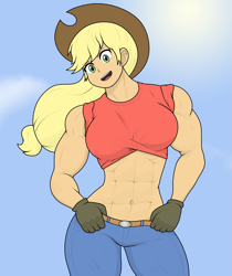 Size: 2075x2475 | Tagged: safe, artist:cyanrobo, applejack, human, equestria girls, g4, abs, applejack's hat, applejacked, belly button, breasts, busty applejack, clothes, cowboy hat, denim, female, gloves, hat, high res, humanized, jeans, looking at you, midriff, muscles, muscular female, open mouth, open smile, pants, shirt, smiling, solo