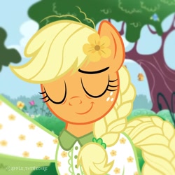 Size: 1080x1080 | Tagged: safe, artist:apple.tothecore, applejack, bird, earth pony, pony, g4, alternate clothes, alternate hairstyle, alternate tailstyle, bags under eyes, bird house, braid, bush, clothes, cloud, cute, eye wrinkles, eyes closed, female, flower, flower in hair, flying, freckles, grass, hair tie, hatless, jackabetes, mare, missing accessory, older, older applejack, outdoors, selfie, sky, smiling, solo, tail, tree