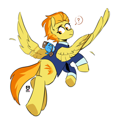 Size: 924x968 | Tagged: safe, artist:redxbacon, larry, spitfire, bird, pegasus, pony, g4, bag, clothes, confused, ear fluff, eyebrows, feather, flying, jacket, looking back, mailbag, meta, necktie, orange eyes, question mark, raised eyebrow, shirt, simple background, solo, speech bubble, spread wings, suit, twitter, uniform, white background, wings, wonderbolts dress uniform