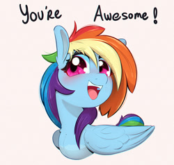 Size: 1000x951 | Tagged: safe, artist:inkypuso, rainbow dash, pegasus, pony, g4, beige background, cute, dashabetes, dialogue, female, looking at you, mare, open mouth, open smile, positive ponies, simple background, smiling, smiling at you, solo, talking to viewer