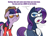 Size: 2200x1600 | Tagged: safe, artist:zeffdakilla, rarity, twilight sparkle, pony, unicorn, g4, angry, clothes, crossover, ears back, glasses, hat, hoof on chest, looking at each other, looking at someone, rarispy, shirt, simple background, sniper, sniper (tf2), spy, spy (tf2), standing, suit, talking, team fortress 2, text, twilight sniper, unicorn twilight, vest, white background