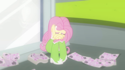 Size: 640x360 | Tagged: safe, screencap, fluttershy, human, equestria girls, g4, my little pony equestria girls, boots, canterlot high, crying, cute, flyer, shoes, solo, statue