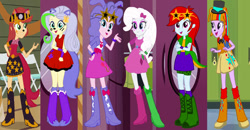 Size: 672x350 | Tagged: safe, artist:avazquez9, edit, applejack, fluttershy, pinkie pie, rainbow dash, rarity, twilight sparkle, oc, alicorn, human, equestria girls, g4, boots, clothes, cowboy boots, cowboy hat, equestria girls-ified, hat, humane five, humane six, recolor, shoes, socks, twilight sparkle (alicorn)