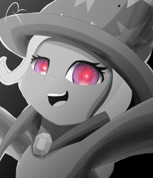 Size: 3080x3580 | Tagged: safe, artist:reinbou, derpibooru exclusive, trixie, pony, unicorn, g4, black background, cape, clothes, female, hat, high res, limited palette, looking at you, manga style, mare, simple background, smiling, smiling at you, solo, trixie's cape, trixie's hat