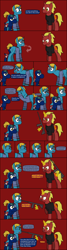 Size: 792x2949 | Tagged: safe, artist:j-yoshi64, oc, oc only, oc:firebrand, oc:j-pony64, earth pony, human, hybrid, pony, unicorn, yoshi, comic:taking a self-insert too seriously, analysis bronies, blonde hair, blue coat, comic, dialogue, facehoof, green mane, gun, human in equestria, levitation, magic, male, ponified, red coat, reference to another series, rifle, self insert, speech bubble, stallion, telekinesis, text, weapon