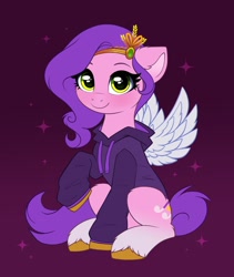 Size: 1742x2063 | Tagged: safe, artist:confetticakez, pipp petals, pegasus, pony, g5, adorapipp, clothes, colored wings, cute, diadem, eyebrows, female, hoodie, jewelry, looking at you, mare, raised hoof, regalia, simple background, sitting, smiling, smiling at you, solo, sparkles, spread wings, unshorn fetlocks, wings