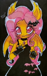 Size: 1515x2436 | Tagged: dead source, safe, artist:hiuve, fluttershy, bat pony, anthro, g4, bat ponified, choker, clothes, colored pupils, dress, fangs, female, fingerless gloves, flutterbat, gloves, hair accessory, heart, heart eyes, race swap, solo, traditional art, wingding eyes