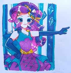 Size: 1345x1369 | Tagged: dead source, safe, artist:hiuve, rarity, human, equestria girls, g4, clothes, dress, evening gloves, female, gloves, long gloves, solo, traditional art