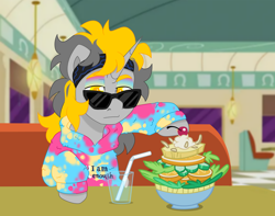 Size: 7464x5884 | Tagged: safe, artist:crazysketch101, oc, oc only, oc:venture heart, pony, unicorn, clothes, diner, food, headband, hoodie, solo, sunglasses, water