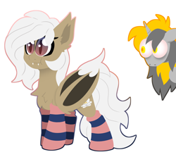 Size: 5098x4545 | Tagged: safe, artist:crazysketch101, oc, oc only, oc:aurora blossom, oc:venture heart, bat pony, pony, unicorn, chest fluff, clothes, creepy, ship:venturora, simple background, socks, stockings, striped socks, thigh highs, white background