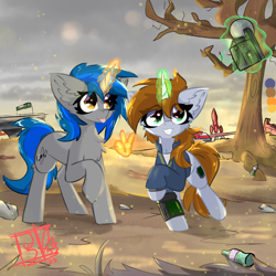 Size: 2000x2000 | Tagged: safe, artist:jubyskylines, oc, oc:homage, oc:littlepip, pony, unicorn, fallout equestria, bottle, camera, female, glowing, glowing horn, hand, high res, horn, lesbian, levitation, magic, magic hands, mare, oc x oc, peace sign, red rocket, rock, selfie, ship:pipmage, shipping, sparkle cola, telekinesis, tree, wasteland