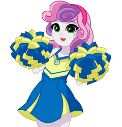 Size: 1222x1271 | Tagged: dead source, safe, artist:rosemile mulberry, sweetie belle, human, equestria girls, g4, cheerleader, cheerleader outfit, clothes, cute, diasweetes, dress, female, legs together, looking at you, open mouth, pom pom, simple background, skirt, solo, updated design, white background