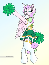 Size: 2250x3000 | Tagged: safe, artist:fizzyponi, artist:soundwavedragon, oc, oc only, oc:fizzy sprinkles, alicorn, pony, bipedal, cheerleader, cheerleader outfit, clothes, crossdressing, digital art, eyelashes, feminine stallion, folded wings, gradient background, high res, horn, long mane, male, multicolored hair, not flurry heart, pom pom, raised hoof, skirt, socks, solo, tail, wings