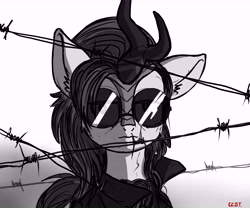 Size: 14173x11811 | Tagged: safe, artist:china consists of them!, autumn blaze, kirin, g4, absurd resolution, barbed wire, bust, clothes, crossover, egor letov, female, full face view, glasses, jacket, leather, leather jacket, looking at you, monochrome, poker face, round glasses, solo