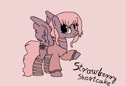 Size: 1137x777 | Tagged: safe, artist:lovelyvalentine, oc, oc:strawberry shortcake, pegasus, pony, choker, clothes, feathered wings, female, mare, pegasus oc, pink background, pink eyes, pink hair, pink mane, pink tail, pony oc, purple coat, purple fur, purple wings, simple background, socks, solo, striped socks, sweater, tail, wings