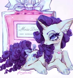 Size: 1929x2048 | Tagged: safe, artist:p0nyplanet, rarity, pony, unicorn, g4, blushing, bow, ear fluff, ear piercing, earring, female, jewelry, lying down, mare, mole, necklace, perfume, piercing, pink background, prone, simple background, solo, tail, tail bow