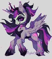 Size: 1825x2048 | Tagged: safe, artist:p0nyplanet, twilight sparkle, alicorn, pony, undead, vampire, vampony, g4, crown, ear fluff, female, gray background, jewelry, mare, necklace, peytral, regalia, simple background, solo, spread wings, twilight sparkle (alicorn), wings