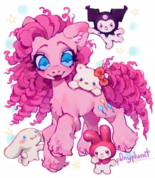 Size: 1782x2048 | Tagged: safe, artist:p0nyplanet, pinkie pie, earth pony, pony, g4, cinnamoroll, crossover, ear fluff, female, hello kitty, kuromi, looking down, mare, my melody, sanrio, signature, simple background, smiling, unshorn fetlocks, white background