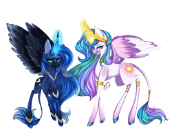 Size: 5000x4000 | Tagged: safe, artist:dipstickowo, princess celestia, princess luna, alicorn, pony, g4, absurd resolution, big ears, blue eyes, blue mane, blue tail, colored hooves, colored pupils, concave belly, crown, dark mask (facial marking), digital art, duo, duo female, eyeshadow, feather, female, freckles, glasses, glowing, glowing horn, hooves, horn, jewelry, leonine tail, lidded eyes, long horn, looking at you, magic, makeup, mare, pink eyes, raised hoof, regalia, round glasses, royal sisters, siblings, signature, simple background, sisters, slender, spread wings, standing, tail, thin, thin legs, transparent background, walking, wings