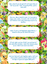 Size: 2048x2794 | Tagged: safe, gameloft, apple bloom, applejack, grand pear, granny smith, earth pony, pony, g4, my little pony: magic princess, official, apple bloom's bow, applejack's hat, bow, clothes, cowboy hat, dialogue, dialogue box, english, event, female, granny smith's shawl, hair bow, hat, high res, implied bright mac, implied pear butter, male, mare, mobile game, scarf, shawl, speech bubble, stallion, text
