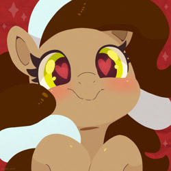 Size: 750x750 | Tagged: safe, artist:talimingi, oc, oc only, earth pony, pony, blushing, bust, female, heart, heart eyes, looking at you, mare, red background, simple background, smiling, smiling at you, solo, wingding eyes