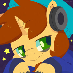 Size: 750x750 | Tagged: safe, artist:talimingi, oc, oc only, pony, unicorn, beanie, beard, bust, facial hair, hat, looking offscreen, male, smiling, solo, stallion, stars