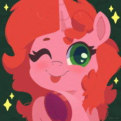 Size: 750x750 | Tagged: safe, artist:talimingi, oc, oc only, pony, unicorn, :p, blushing, bust, female, frog (hoof), green background, heart, heart eyes, looking at you, mare, not pinkie pie, one eye closed, simple background, smiling, smiling at you, solo, sparkles, tongue out, underhoof, wingding eyes, wink, winking at you