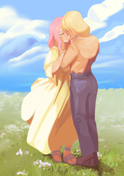 Size: 2206x3137 | Tagged: safe, artist:aztrial, applejack, fluttershy, human, g4, boots, clothes, denim, dress, duo, duo female, eyes closed, female, field, grass, hand on face, high res, humanized, jeans, lesbian, mole, pants, sandals, ship:appleshy, shipping, shoes, smiling