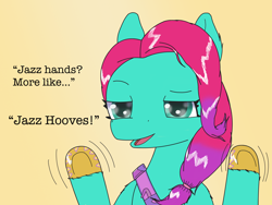 Size: 2048x1536 | Tagged: safe, artist:php176, derpibooru exclusive, jazz hooves, earth pony, pony, g5, female, gradient background, hoof polish, hooves up, jazz hands, joke, mare, name, name pun, namesake, pun, raised hoof, raised hooves, sash, silly, silly pony, solo, visual pun