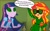 Size: 1527x951 | Tagged: safe, edit, edited screencap, screencap, sunset shimmer, twilight sparkle, oc, oc:mez-mare-a, human, equestria girls, g4, duo, duo female, female, glasses, goddess, goggles, hypnosis, hypnotized, lockers, mistress, obey, power ponies oc, speech bubble, swirly eyes, swirly glasses